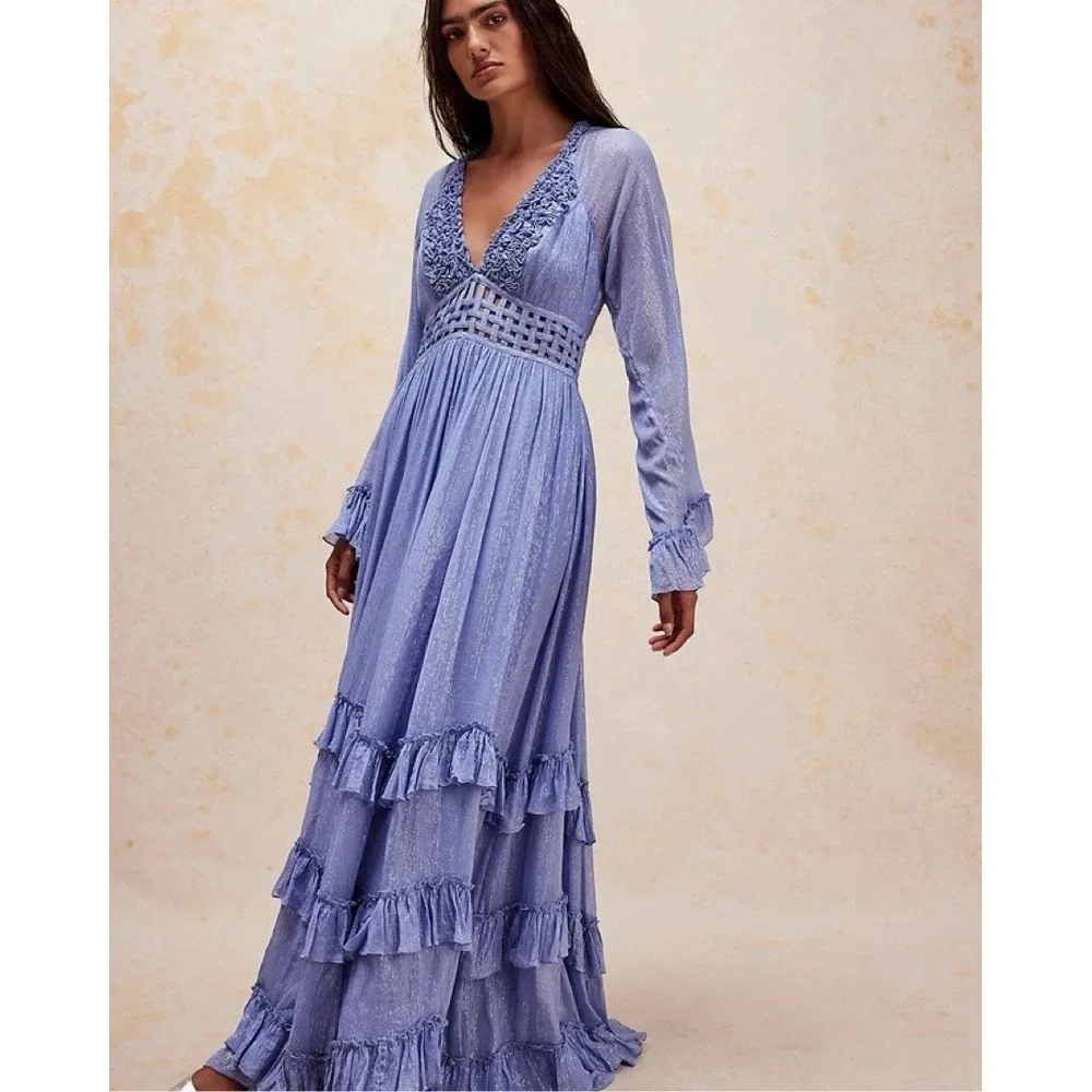 NEW Free People Seraphina Tiered Maxi Dress Electric Blue Medium/M $350 Stunning